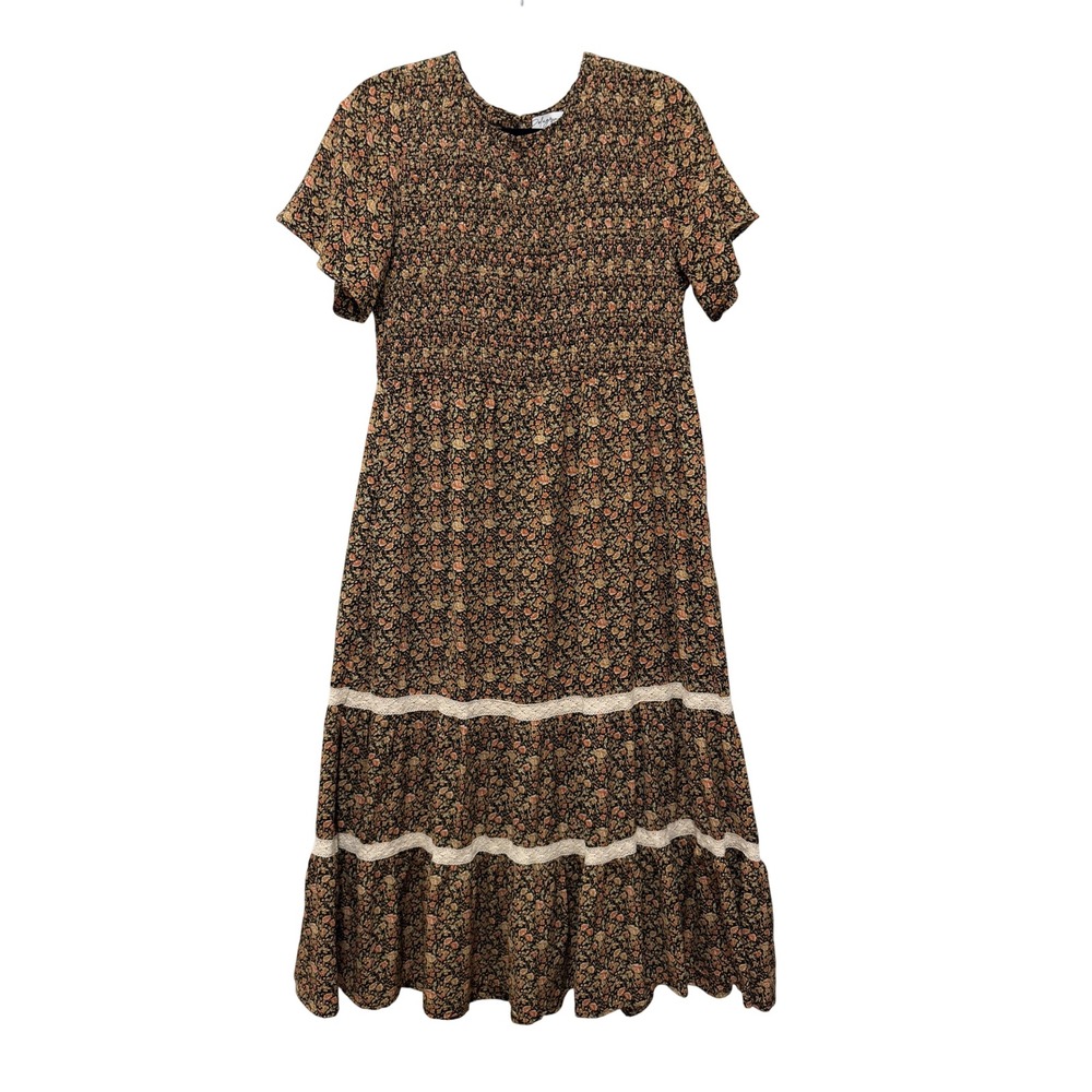 Polagram Floral Smocked Midi Dress Large Black Pink Boho Lace Trim Tiered Skirt